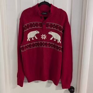 Chaps Men's Holiday Henley Sweater LARGE Cotton Winter Christmas Soft Bears Red